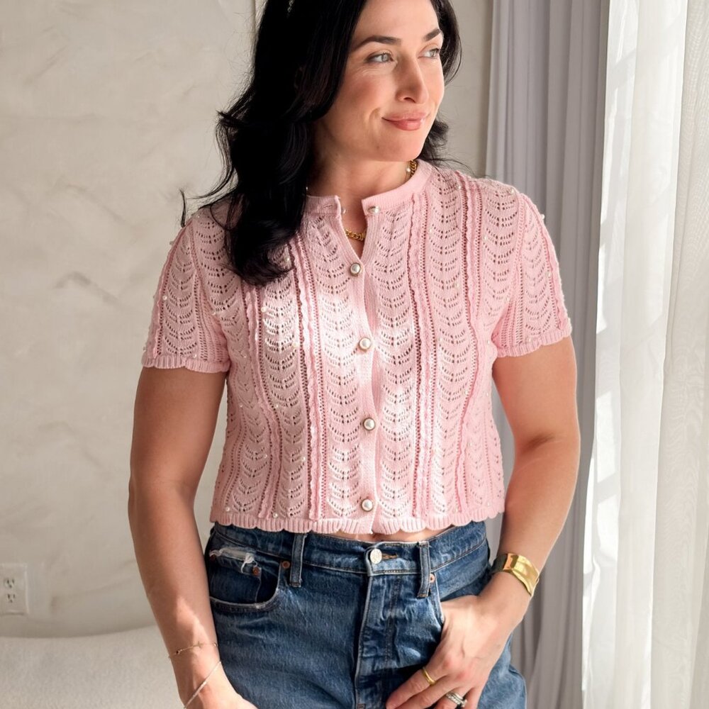 Pink Pearl Button Cardigan – Pointelle Knit Short Sleeve Top Women